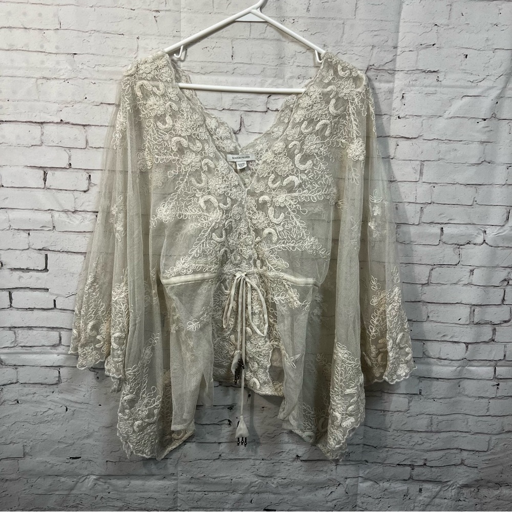 Boston Proper XS Sheer Lace Romantic Boho Long Sleeve Top Coquette Cream